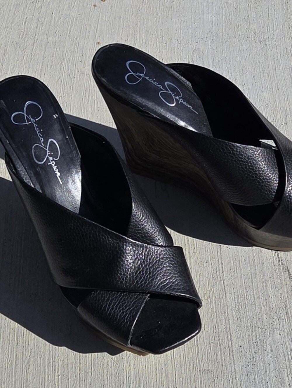 Jessica Simpson Frosteex Black Leather Crisscross Platform Wedge Slides 8B / 38